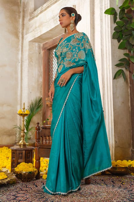 Anu Pellakuru_Blue Silk, Crepe, Pashmina Cut Work, Embroidery, Pearls Gul Vine Saree Set _Online_at_Aza_Fashions