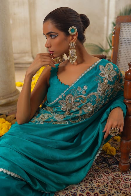 Anu Pellakuru_Blue Silk, Crepe, Pashmina Cut Work, Embroidery, Pearls Gul Vine Saree Set _at_Aza_Fashions