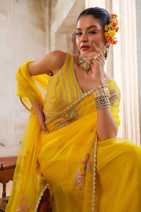 Anu Pellakuru_Yellow Silk, Cotton, Organza Pearls, Cut Work, Embroidery Gulshan Saree Set _Online_at_Aza_Fashions