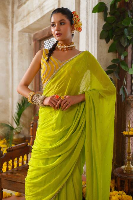 Anu Pellakuru_Green Silk, Chiffon, Cotton Pearls, Cut Work, Zari Meadow Embroidered Saree Set _Online_at_Aza_Fashions