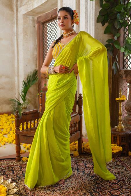 Buy_Anu Pellakuru_Green Silk, Chiffon, Cotton Pearls, Cut Work, Zari Meadow Embroidered Saree Set _Online_at_Aza_Fashions