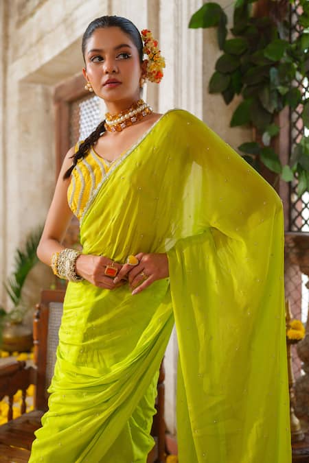 Shop_Anu Pellakuru_Green Silk, Chiffon, Cotton Pearls, Cut Work, Zari Meadow Embroidered Saree Set _Online_at_Aza_Fashions