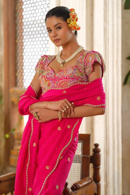Anu Pellakuru_Pink Silk, Chiffon, Crepe Pearls, Cut Work Vine Bliss Embroidered Saree Set _Online_at_Aza_Fashions