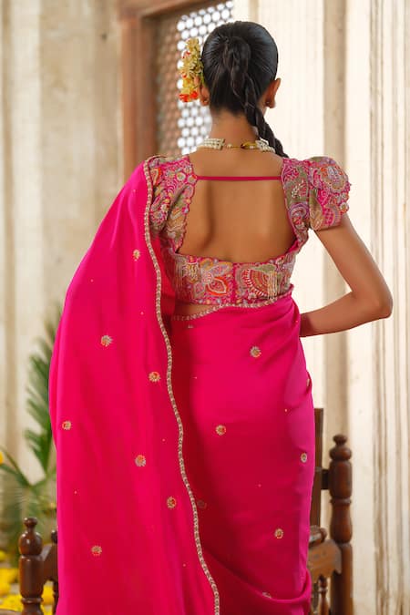 Buy_Anu Pellakuru_Pink Silk, Chiffon, Crepe Pearls, Cut Work Vine Bliss Embroidered Saree Set _Online_at_Aza_Fashions
