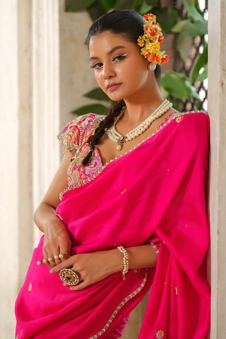Shop_Anu Pellakuru_Pink Silk, Chiffon, Crepe Pearls, Cut Work Vine Bliss Embroidered Saree Set _Online_at_Aza_Fashions