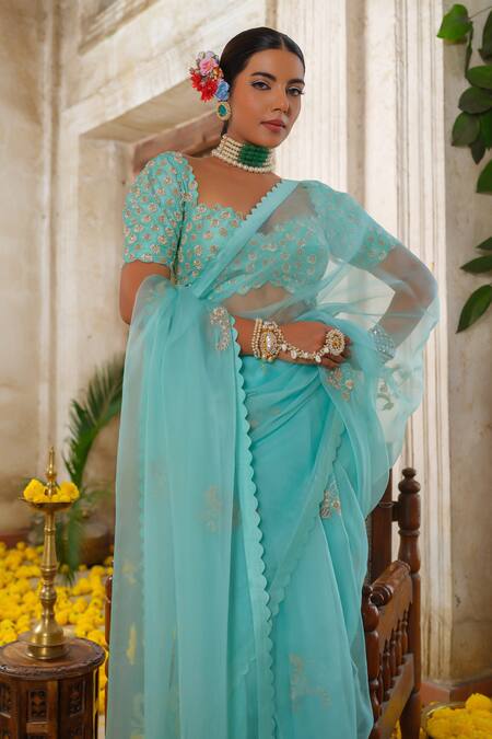Anu Pellakuru_Blue Organza, Silk, Cotton Cut Work, Pearls, Ornate Bloom Embroidered Saree Set _Online_at_Aza_Fashions