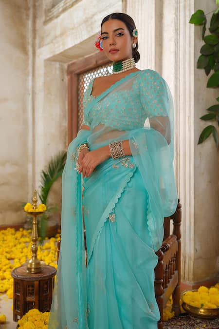 Buy_Anu Pellakuru_Blue Organza, Silk, Cotton Cut Work, Pearls, Ornate Bloom Embroidered Saree Set _Online_at_Aza_Fashions