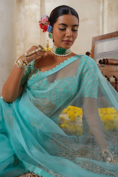 Shop_Anu Pellakuru_Blue Organza, Silk, Cotton Cut Work, Pearls, Ornate Bloom Embroidered Saree Set _Online_at_Aza_Fashions