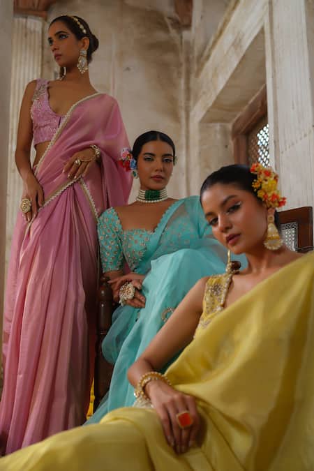 Anu Pellakuru_Blue Organza, Silk, Cotton Cut Work, Pearls, Ornate Bloom Embroidered Saree Set _at_Aza_Fashions