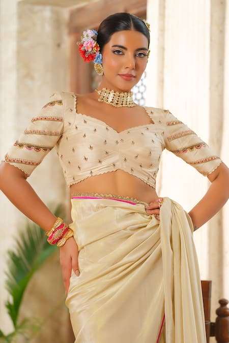 Anu Pellakuru_Off White Tissue, Silk, Crepe Cut Work, Sequin Lace Border Embellished Saree Set _Online_at_Aza_Fashions