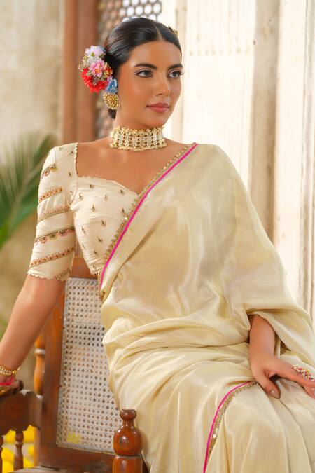 Buy_Anu Pellakuru_Off White Tissue, Silk, Crepe Cut Work, Sequin Lace Border Embellished Saree Set _Online_at_Aza_Fashions