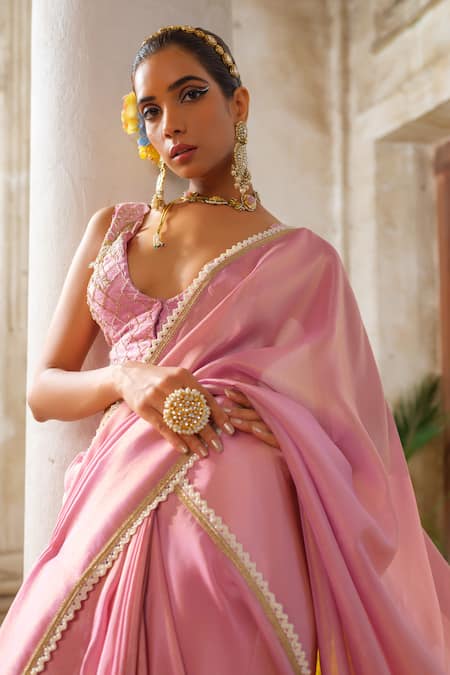 Shop_Anu Pellakuru_Purple Tissue, Silk Cut Work, Sequin Bloom Lace Border Embellished Saree Set _Online_at_Aza_Fashions