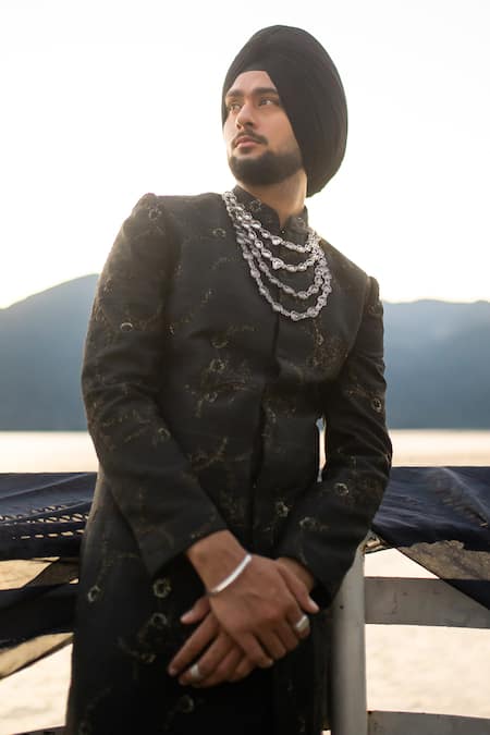 Shop_Jatin Malik_Black Silk Beads Embroidered Sherwani Set _at_Aza_Fashions