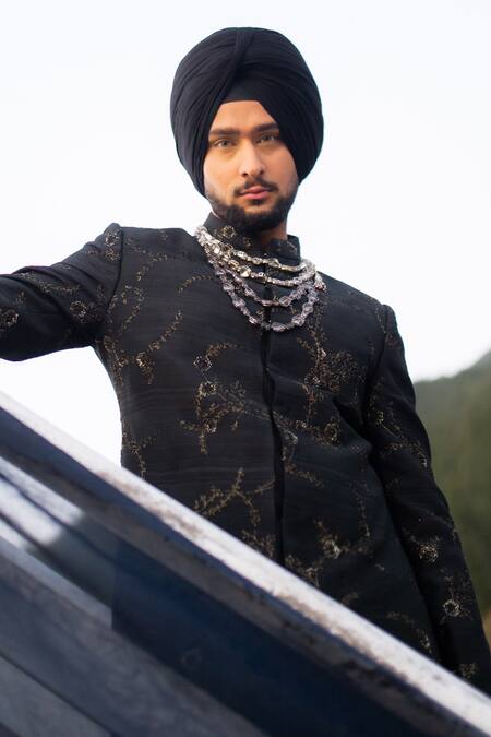 Jatin Malik_Black Silk Beads Embroidered Sherwani Set _Online_at_Aza_Fashions