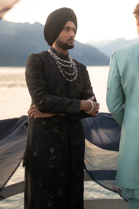 Buy_Jatin Malik_Black Silk Beads Embroidered Sherwani Set _Online_at_Aza_Fashions