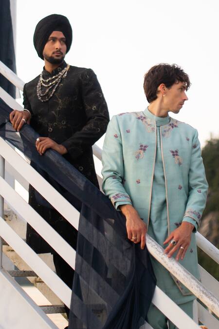 Shop_Jatin Malik_Black Silk Beads Embroidered Sherwani Set _Online_at_Aza_Fashions