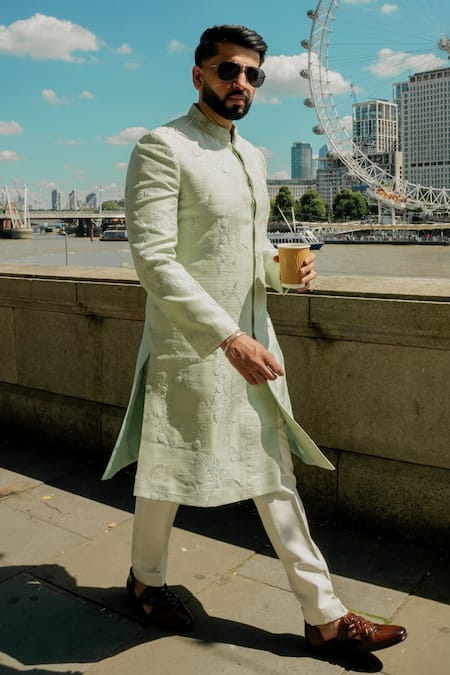 Shop_Jatin Malik_Green Silk Embroidery Floral Raw Sherwani _at_Aza_Fashions