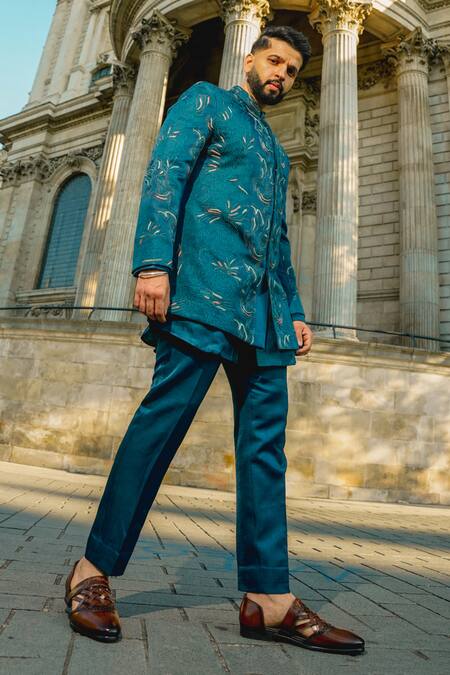 Shop Jatin Malik Blue Linen, Silk Embroidery The Oxford Bandhgala Set at Aza Fashions Shop_Jatin Malik_Blue Linen, Silk Embroidery The Oxford Bandhgala Set _at_Aza_Fashions