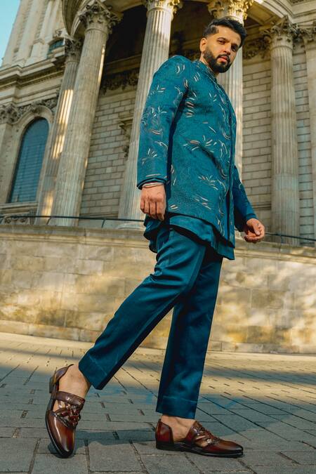 Jatin Malik Blue Linen, Silk Embroidery The Oxford Bandhgala Set Online at Aza Fashions Jatin Malik_Blue Linen, Silk Embroidery The Oxford Bandhgala Set _Online_at_Aza_Fashions