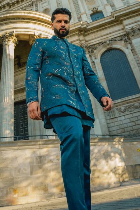 Buy Jatin Malik Blue Linen, Silk Embroidery The Oxford Bandhgala Set Online at Aza Fashions Buy_Jatin Malik_Blue Linen, Silk Embroidery The Oxford Bandhgala Set _Online_at_Aza_Fashions