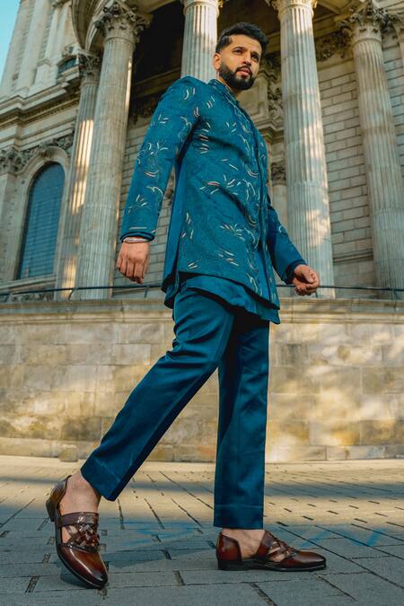 Shop Jatin Malik Blue Linen, Silk Embroidery The Oxford Bandhgala Set Online at Aza Fashions Shop_Jatin Malik_Blue Linen, Silk Embroidery The Oxford Bandhgala Set _Online_at_Aza_Fashions