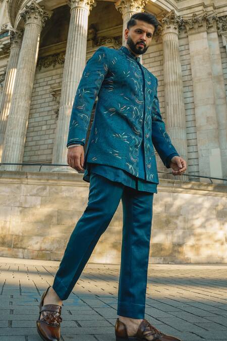 Jatin Malik Blue Linen, Silk Embroidery The Oxford Bandhgala Set at Aza Fashions Jatin Malik_Blue Linen, Silk Embroidery The Oxford Bandhgala Set _at_Aza_Fashions
