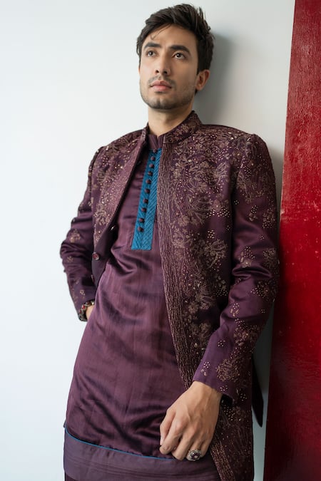 Buy_Jatin Malik_Wine Linen, Silk Embroidery Jewel Orchid Bandhgala Set _Online_at_Aza_Fashions