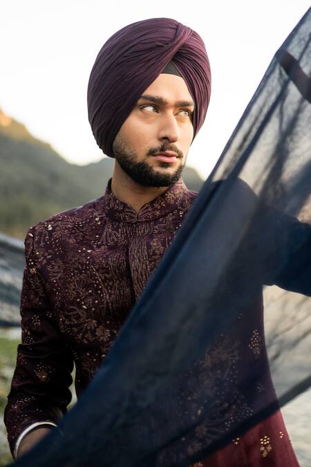 Shop_Jatin Malik_Wine Linen, Silk Embroidery Jewel Orchid Bandhgala Set _Online_at_Aza_Fashions