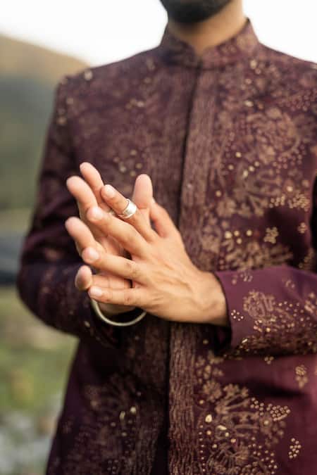 Jatin Malik_Wine Linen, Silk Embroidery Jewel Orchid Bandhgala Set _at_Aza_Fashions