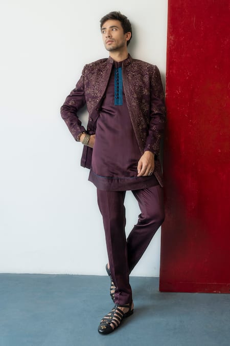 Jatin Malik Wine Linen Silk Jewel Orchid Pintucked Kurta With Trouser 