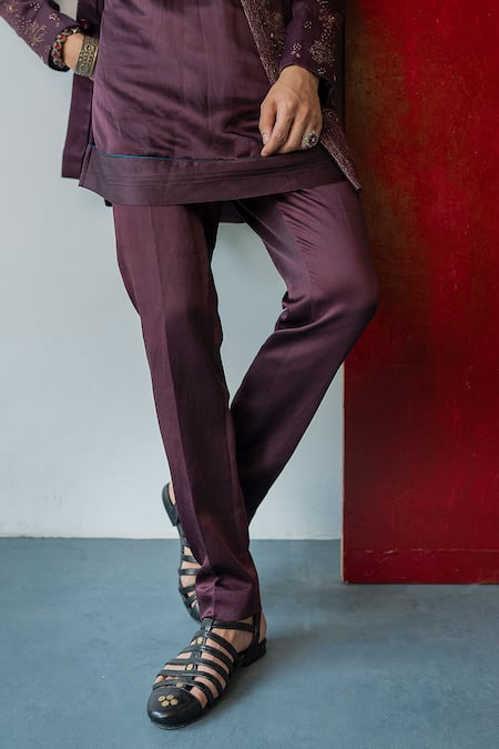 Buy Jatin Malik Wine Linen, Silk Jewel Orchid Pintucked Kurta With Trouser Online at Aza Fashions Buy_Jatin Malik_Wine Linen, Silk Jewel Orchid Pintucked Kurta With Trouser _Online_at_Aza_Fashions