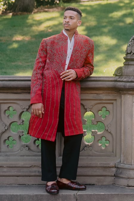 Jatin Malik Crimson Lake Embroidered Sherwani Jacket Set 