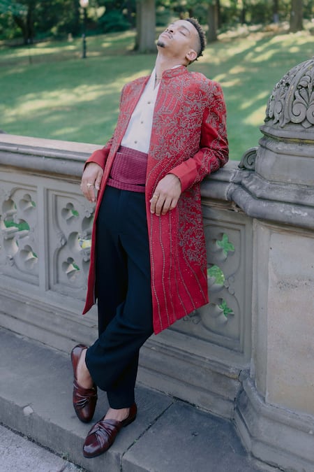 Jatin Malik Red Embroidered Sherwani Jacket Set 