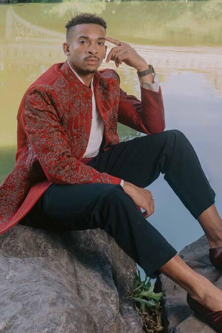 Jatin Malik_Red Linen, Silk Zari, Cut Work Embroidered Sherwani Jacket Set _Online_at_Aza_Fashions
