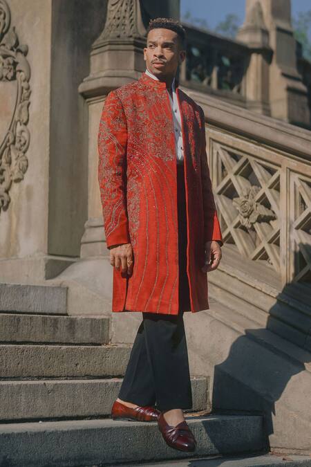 Shop_Jatin Malik_Red Linen, Silk Zari, Cut Work Embroidered Sherwani Jacket Set _Online_at_Aza_Fashions