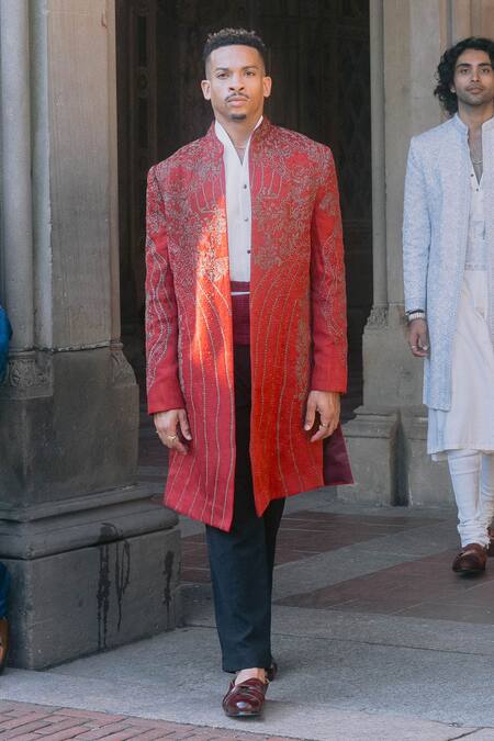 Jatin Malik_Red Linen, Silk Zari, Cut Work Embroidered Sherwani Jacket Set _at_Aza_Fashions