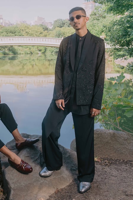 Shop_Jatin Malik_Black Linen, Silk, Twill Beads Embroidered Nehru Jacket Set _at_Aza_Fashions