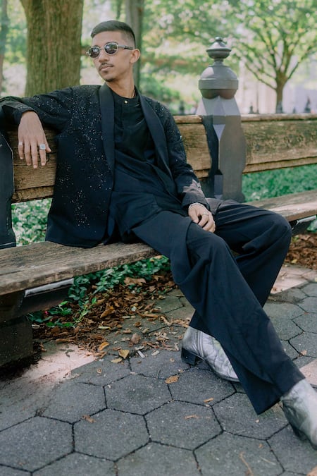 Jatin Malik_Black Linen, Silk, Twill Beads Embroidered Nehru Jacket Set _Online_at_Aza_Fashions