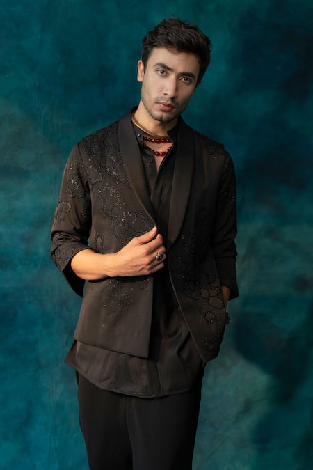 Buy_Jatin Malik_Black Linen, Silk, Twill Beads Embroidered Nehru Jacket Set _Online_at_Aza_Fashions