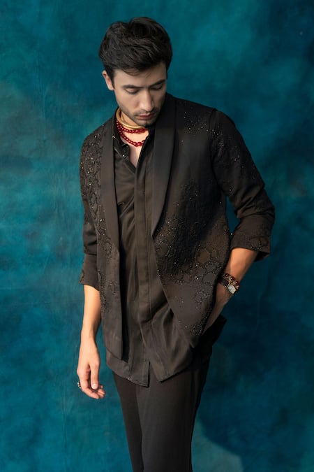 Shop_Jatin Malik_Black Linen, Silk, Twill Beads Embroidered Nehru Jacket Set _Online_at_Aza_Fashions