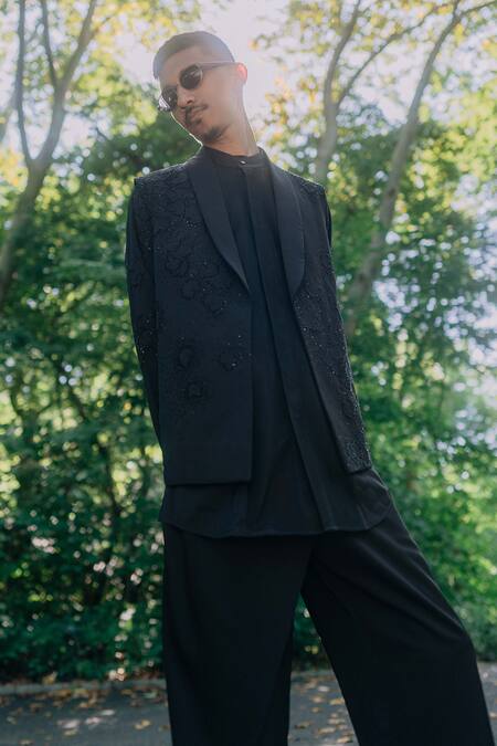 Jatin Malik_Black Linen, Silk, Twill Beads Embroidered Nehru Jacket Set _at_Aza_Fashions