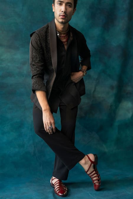 Buy_Jatin Malik_Black Linen, Silk, Twill Beads Embroidered Nehru Jacket Set 