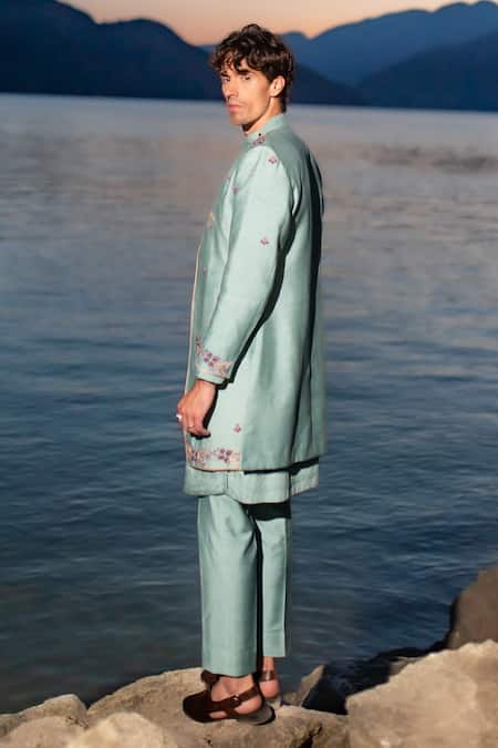 Shop Jatin Malik Blue Silk Embroidery Duckegg Aari Sherwani Set at Aza Fashions Shop_Jatin Malik_Blue Silk Embroidery Duckegg Aari Sherwani Set _at_Aza_Fashions