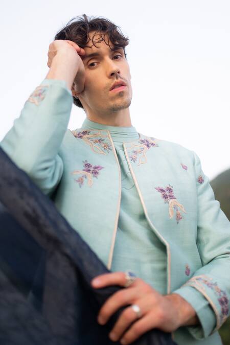 Jatin Malik Blue Silk Embroidery Duckegg Aari Sherwani Set Online at Aza Fashions Jatin Malik_Blue Silk Embroidery Duckegg Aari Sherwani Set _Online_at_Aza_Fashions