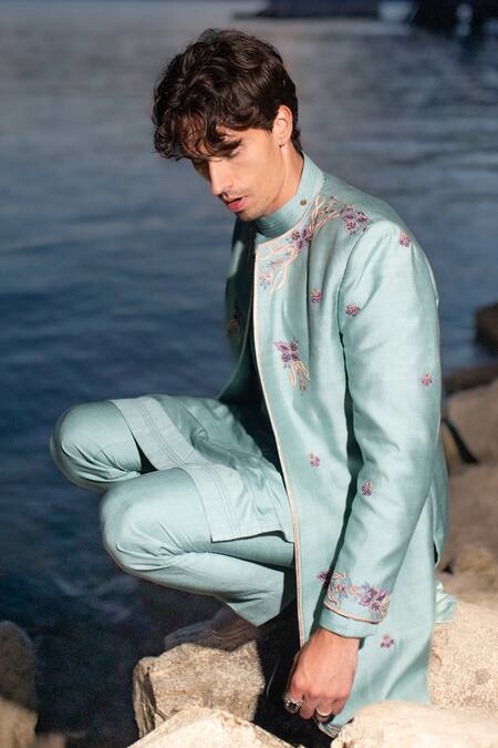Buy Jatin Malik Blue Silk Embroidery Duckegg Aari Sherwani Set Online at Aza Fashions Buy_Jatin Malik_Blue Silk Embroidery Duckegg Aari Sherwani Set _Online_at_Aza_Fashions