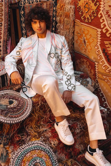 Jatin Malik_Ivory Linen, Silk, Modal, Rayon The Water Lily Hand Painted Blazer With Trouser _Online_at_Aza_Fashions