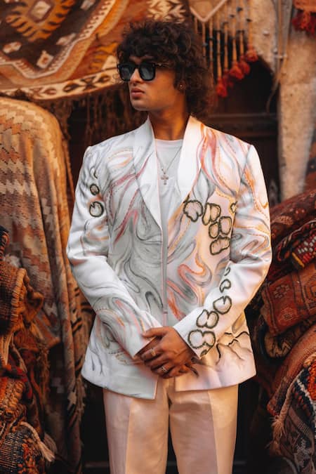 Buy_Jatin Malik_Ivory Linen, Silk, Modal, Rayon The Water Lily Hand Painted Blazer With Trouser _Online_at_Aza_Fashions