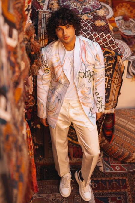 Shop_Jatin Malik_Ivory Linen, Silk, Modal, Rayon The Water Lily Hand Painted Blazer With Trouser _Online_at_Aza_Fashions