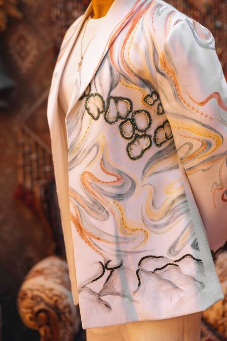 Jatin Malik_Ivory Linen, Silk, Modal, Rayon The Water Lily Hand Painted Blazer With Trouser _at_Aza_Fashions