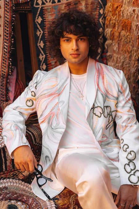 Buy_Jatin Malik_Ivory Linen, Silk, Modal, Rayon The Water Lily Hand Painted Blazer With Trouser 